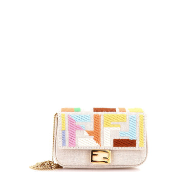 Fendi Chain Baguette Charm Bag Zucca Embroidered Canvas Nano