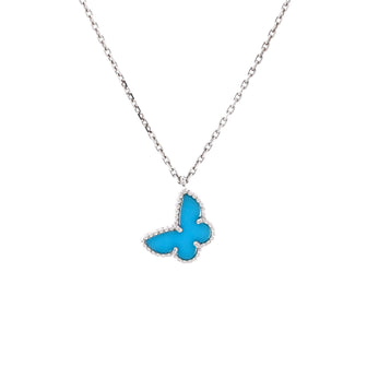 Van Cleef & Arpels Sweet Alhambra Butterfly Pendant Necklace 18K White Gold with Turquoise