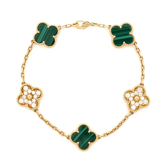 Van Cleef & Arpels Vintage Alhambra 5 Motifs Bracelet 18K Yellow Gold and Malachite with Diamonds