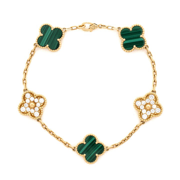 Van Cleef & Arpels Vintage Alhambra 5 Motifs Bracelet 18K Yellow Gold and Malachite with Diamonds