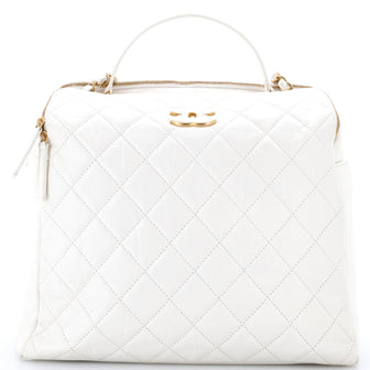 Chanel CC Double Zip Top Handle Bowler Bag Quilted Aged Calfskin Large