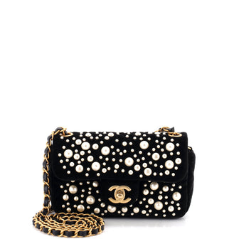 Chanel CC Chain Flap Quilted Velvet with Faux Pearls Mini
