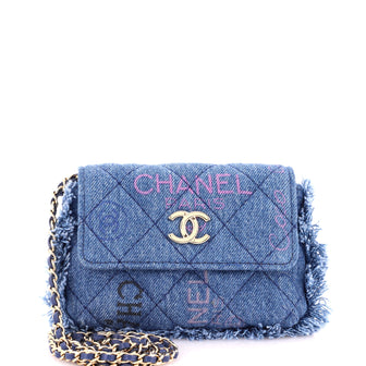 Chanel Denim Mood Flap Clutch with Chain Logo Printed Quilted Fringe Denim