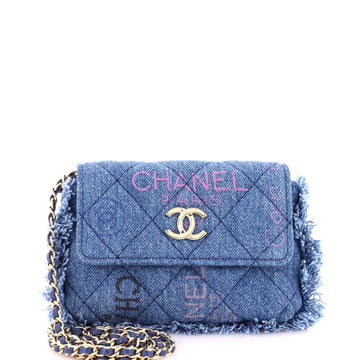 Chanel Denim Mood Flap Clutch with Chain Logo Printed Quilted Fringe Denim