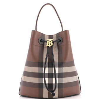 Burberry TB Drawstring Bucket Bag Check E-Canvas Small