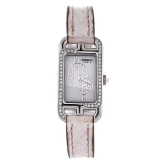 Hermes Nantucket Quartz Watch Stainless Steel and Alligator with Diamond Dial and Bezel 17