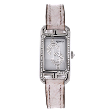 Hermes Nantucket Quartz Watch Stainless Steel and Alligator with Diamond Dial and Bezel 17