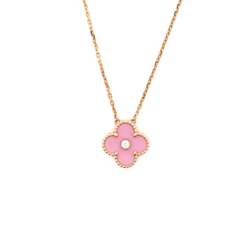 Van Cleef & Arpels Vintage Alhambra Pendant Necklace 18K Rose Gold and Pink Sevres Porcelain with Diamond