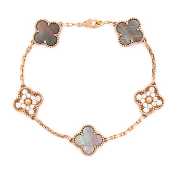 Van Cleef & Arpels Vintage Alhambra 5 Motifs Bracelet 18K Rose Gold and Mother of Pearl with Diamonds