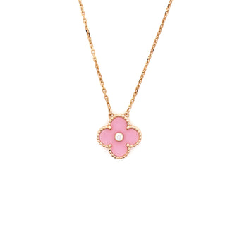 Van Cleef & Arpels Vintage Alhambra Pendant Necklace 18K Rose Gold and Pink Sevres Porcelain with Diamond
