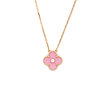 Van Cleef & Arpels Vintage Alhambra Pendant Necklace 18K Rose Gold and Pink Sevres Porcelain with Diamond