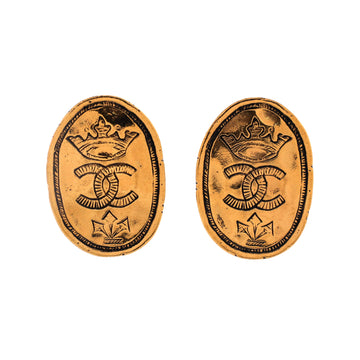 Chanel Vintage CC Crown Oval Plate Clip-On Earrings Metal