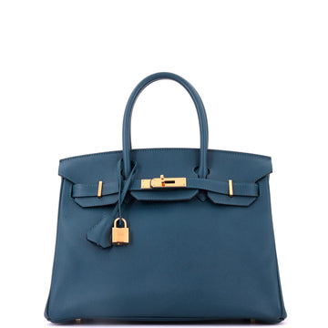 Hermes Birkin Handbag Blue Epsom with Gold Hardware 30