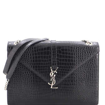Saint Laurent Classic Monogram Envelope Satchel Crocodile Embossed Leather Large