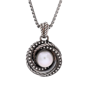 David Yurman Crossover Pendant Necklace Sterling Silver with Pearl and Diamonds 10mm