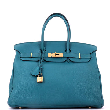 Hermes Birkin Handbag Blue Clemence with Gold Hardware 35