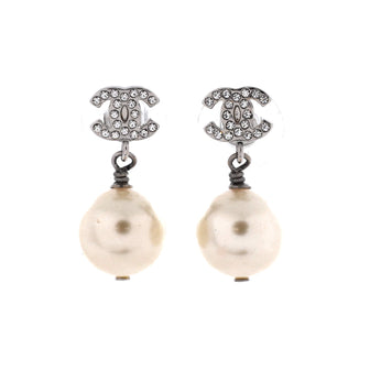 Chanel CC Dangle Earrings Crystal Embellished Metal with Faux Pearls