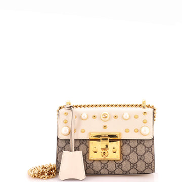 Gucci Pearly Padlock Shoulder Bag GG Coated Canvas with Studded Leather Small