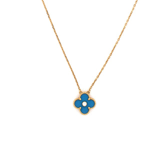 Van Cleef & Arpels Vintage Alhambra Pendant Necklace 18K Yellow Gold and Blue Sevres Porcelain with Diamond