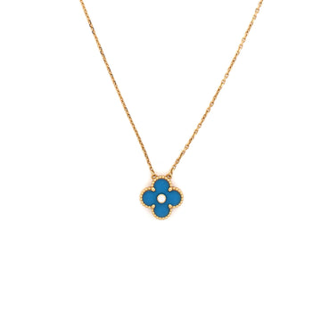 Van Cleef & Arpels Vintage Alhambra Pendant Necklace 18K Yellow Gold and Blue Sevres Porcelain with Diamond