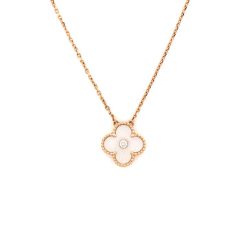 Van Cleef & Arpels Vintage Alhambra Pendant Necklace 18K Rose Gold and White Mother of Pearl with Diamond