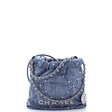 Chanel 22 Chain Hobo Quilted Studded Denim Mini