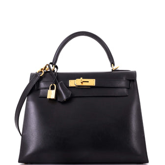 Hermes Kelly Handbag Noir Box Calf with Gold Hardware 28
