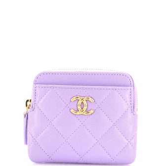 Chanel Textured CC Square Zip Around Card Holder Wallet Quilted Caviar
