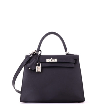 Hermes Kelly Handbag Noir Epsom with Palladium Hardware 25
