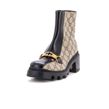 Gucci Women's Interlocking G Lug Sole Ankle Boots GG Coated Canvas with Leather