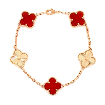 Van Cleef & Arpels Vintage Alhambra 5 Motifs Bracelet Guilloche 18K Rose Gold and Carnelian