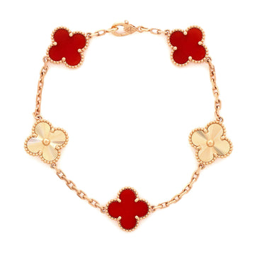 Van Cleef & Arpels Vintage Alhambra 5 Motifs Bracelet Guilloche 18K Rose Gold and Carnelian