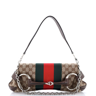 Gucci Horsebit NM Web Chain Clutch GG Canvas Medium