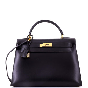 Hermes Kelly Handbag Noir Box Calf with Gold Hardware 32
