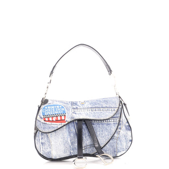 Christian Dior Vintage Double Saddle Bag Printed Denim