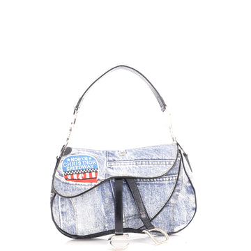 Christian Dior Vintage Double Saddle Bag Printed Denim