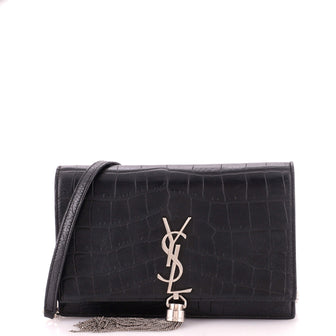 Saint Laurent Classic Monogram Tassel Chain Wallet Crocodile Embossed Leather