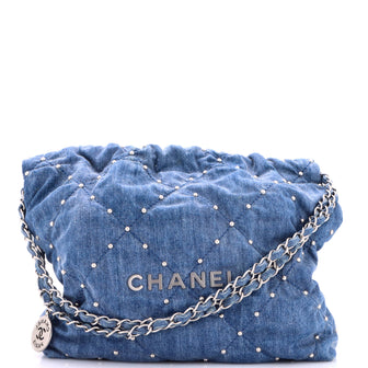 Chanel 22 Chain Hobo Quilted Studded Denim Small