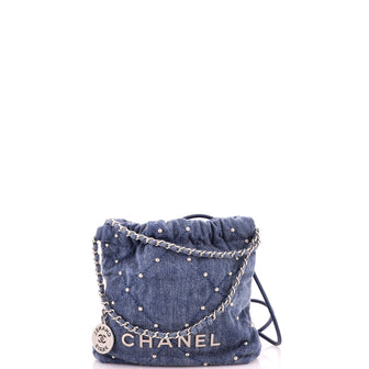 Chanel 22 Chain Hobo Quilted Studded Denim Mini