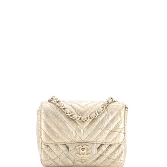 Chanel Square Classic Single Flap Bag Chevron Crumpled Metallic Patent Mini