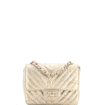 Chanel Square Classic Single Flap Bag Chevron Crumpled Metallic Patent Mini