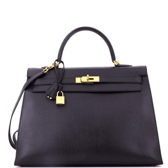 Hermes Kelly Handbag Noir Ardennes with Gold Hardware 35