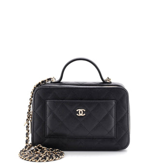 Chanel CC Top Handle Front Pocket Vanity Case Quilted Shiny Caviar Small