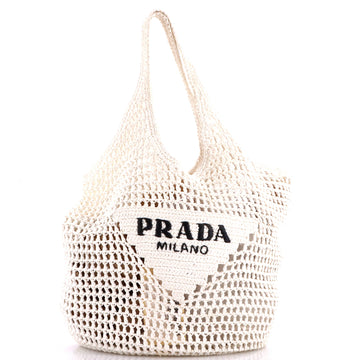 Prada Triangle Logo Bucket Tote Raffia Small