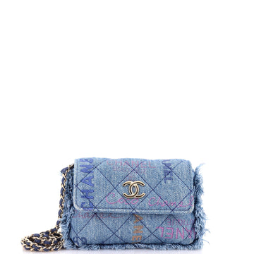 Chanel Denim Mood Flap Clutch with Chain Logo Printed Quilted Fringe Denim