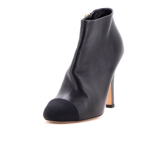 Chanel Women's Cap Toe Pearl Embellished Heeled Ankle Boots Leather with Grosgrain