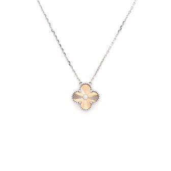 Van Cleef & Arpels Vintage Alhambra Pendant Necklace 18K White Gold and Guilloche 18K Rose Gold with Diamond