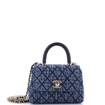 Chanel Coco Top Handle Clutch with Chain Quilted Washed Denim with Calfskin Mini