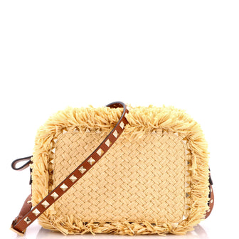 Valentino Garavani Rockstud Camera Crossbody Bag Raffia with Leather