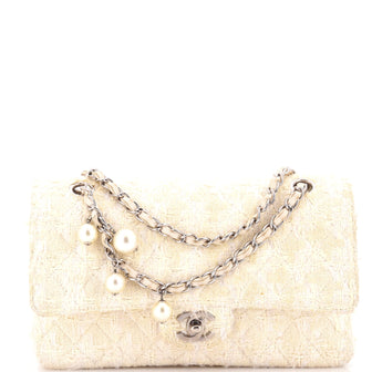 Chanel Vintage Pearl Chain Classic Double Flap Bag Quilted Tweed Medium